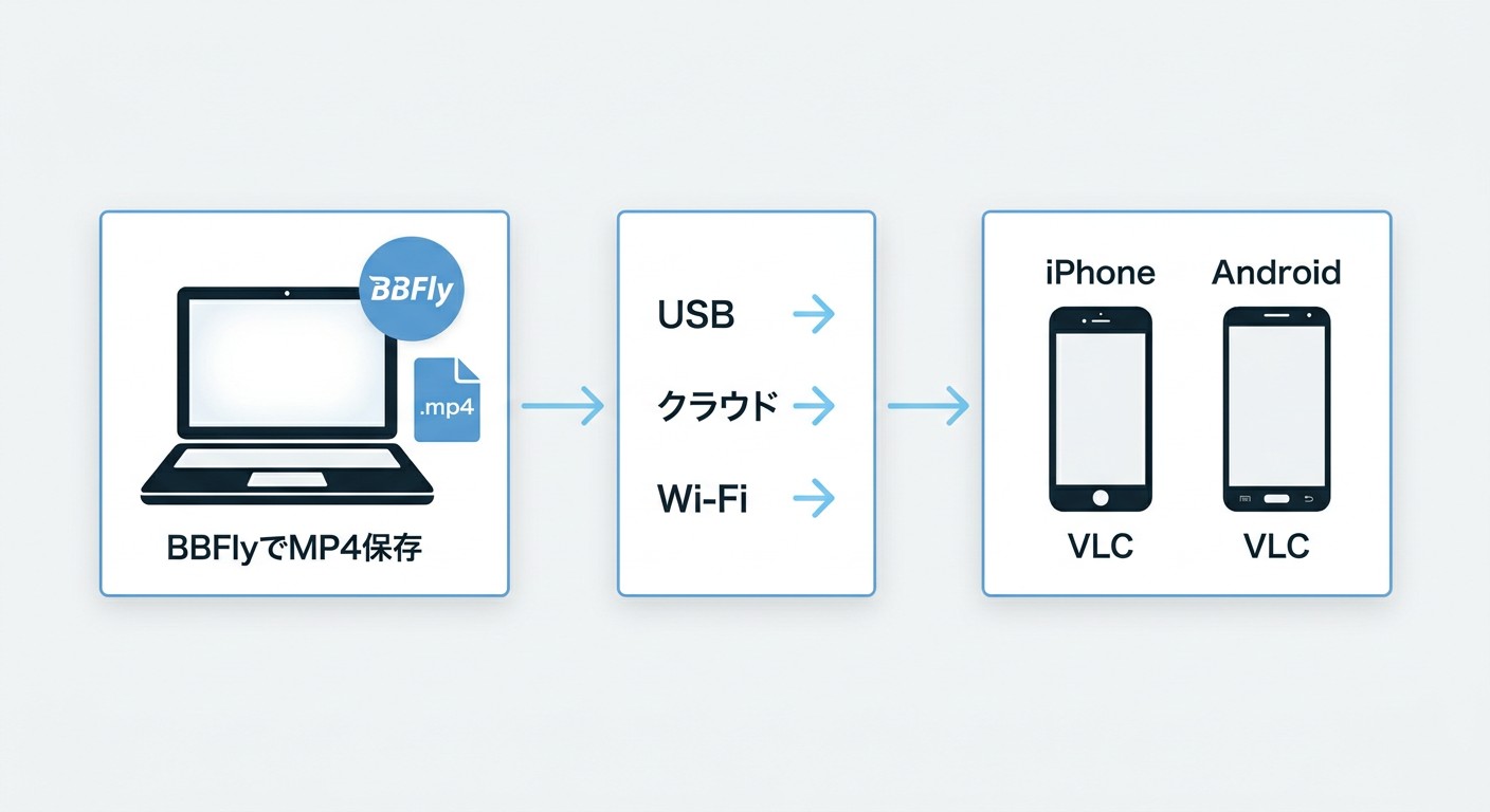 BBFlyでPC保存したMP4をUSB・クラウド・ホームネットワーク経由でiPhone・Androidに転送して再生する流れ
