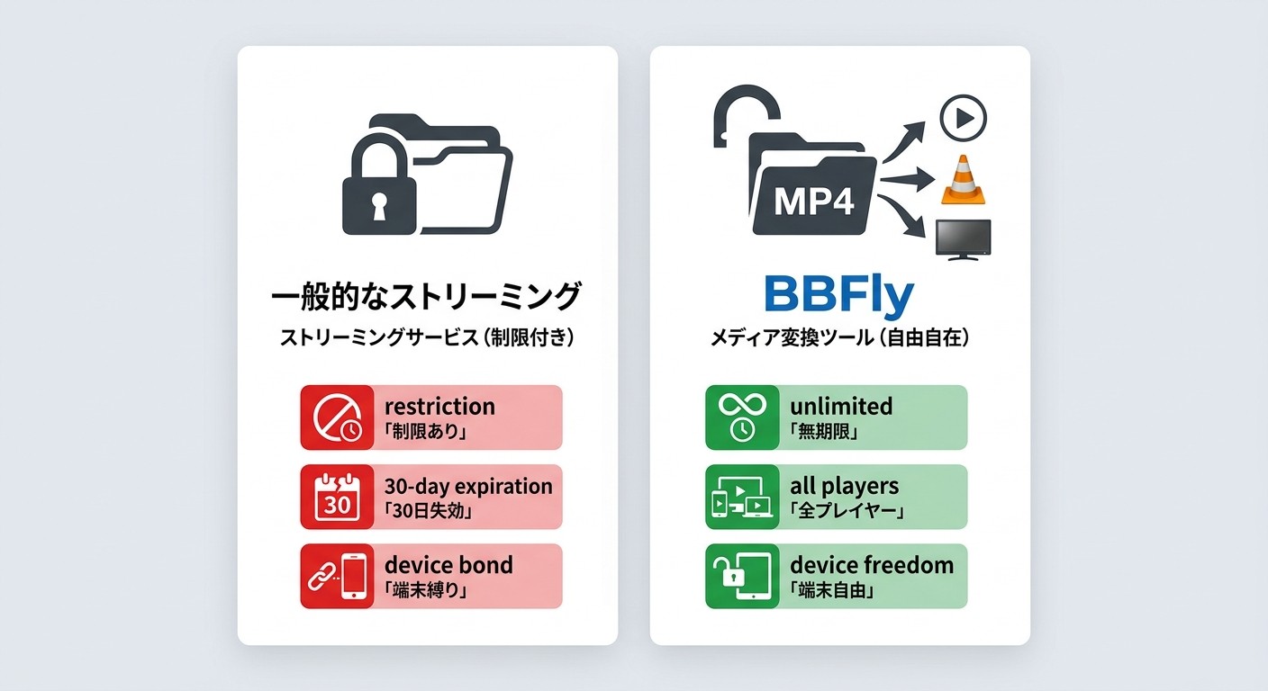 Netflix公式DRMファイルvsBBFly保存MP4の比較：再生制限・有効期限・対応プレイヤーの違い