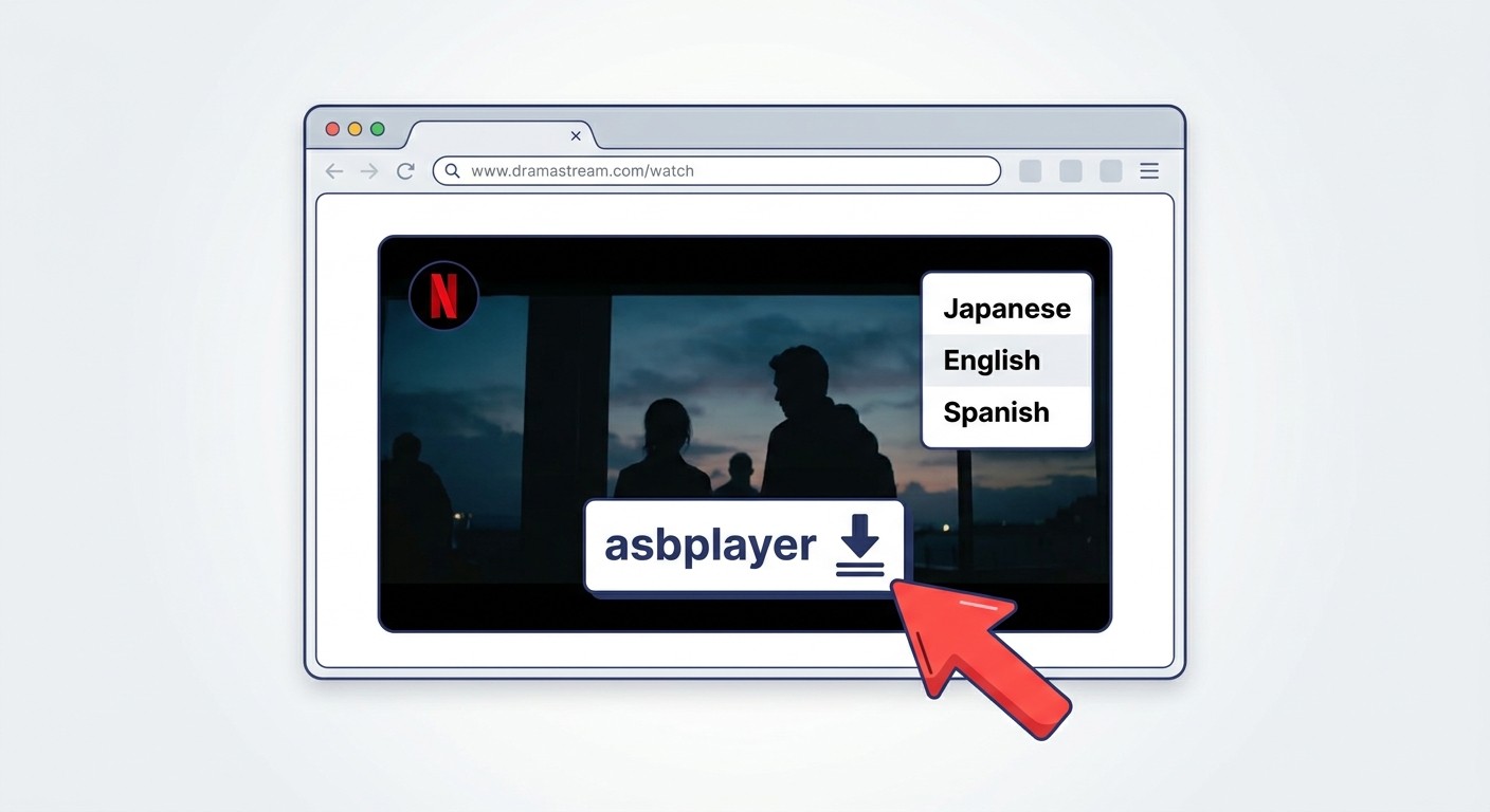 Netflixプレイヤー上でasbplayerのツールバーが表示され、SRTエクスポートボタンの位置を矢印で示した画面