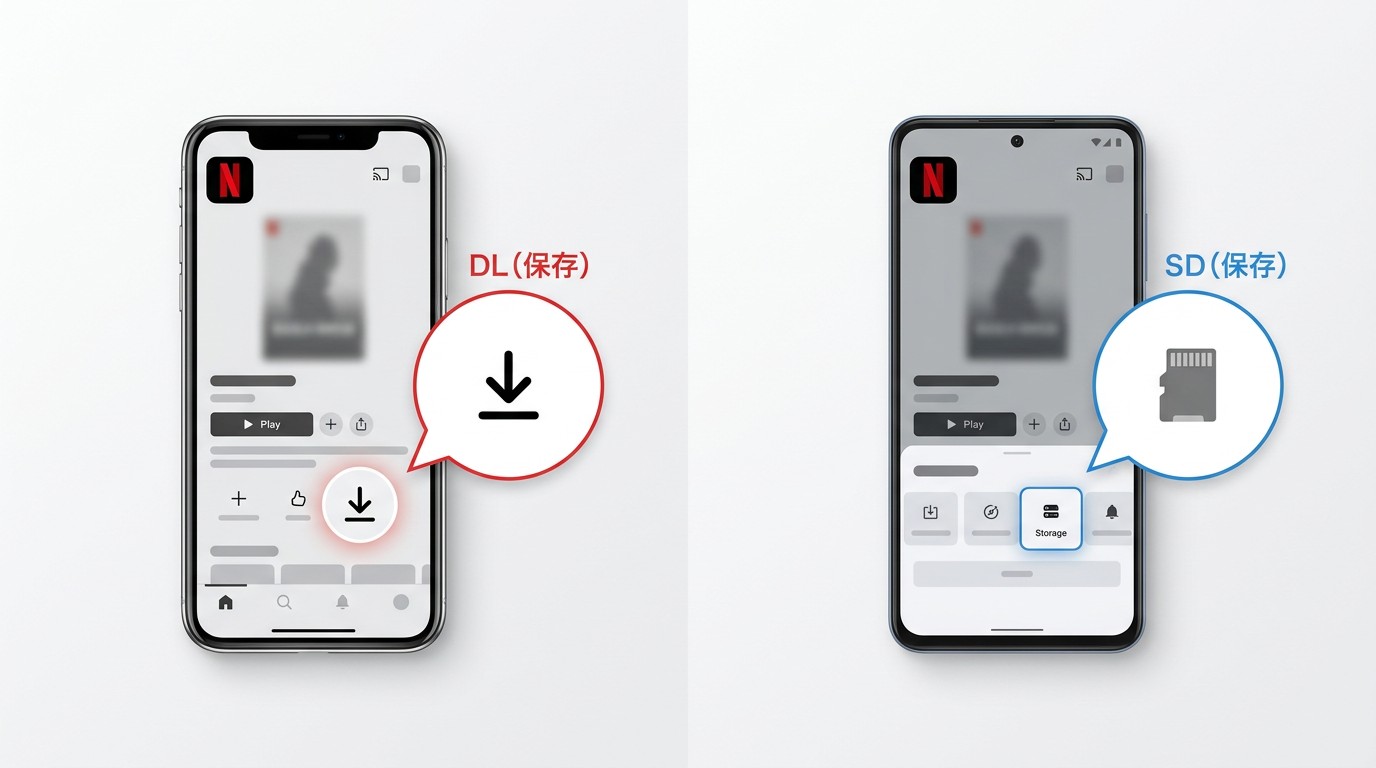 iPhoneとAndroidのNetflixアプリでダウンロードアイコンをタップする手順の比較
