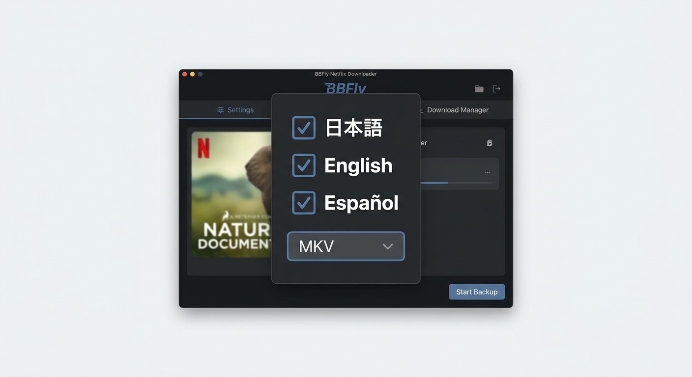 BBFly Netflix Downloaderのダウンロード設定画面で日本語・English・Españolの字幕トラックを同時選択しMKV出力を設定している様子