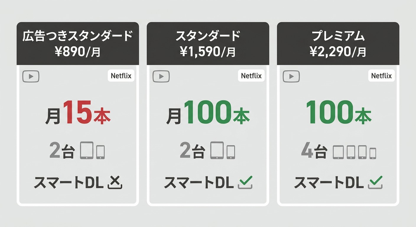 Netflixプラン別ダウンロード上限比較：広告つき月15本・スタンダード／プレミアム月100本、スマートDL可否