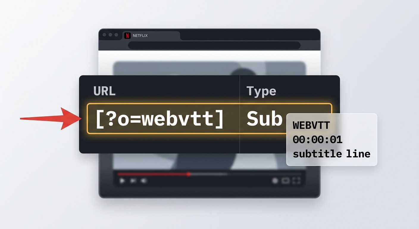 ChromeのDevToolsネットワークタブで?o=webvttをフィルタし、Netflix字幕ファイルのリクエストを確認している画面