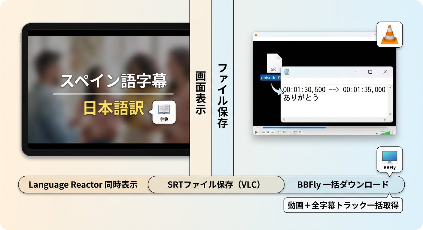 Language Reactorによる2言語同時表示(画面表示)とSRTファイルをVLCで使う(ファイル保存)の違いを対比した図