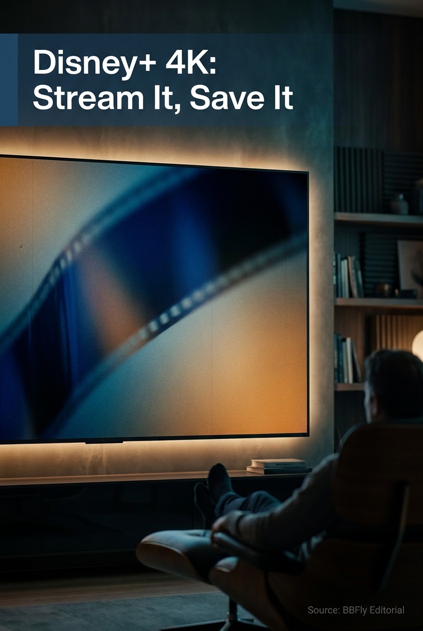 Cinematic home theater with a large 4K display glowing in a dark room, editorial magazine compositio