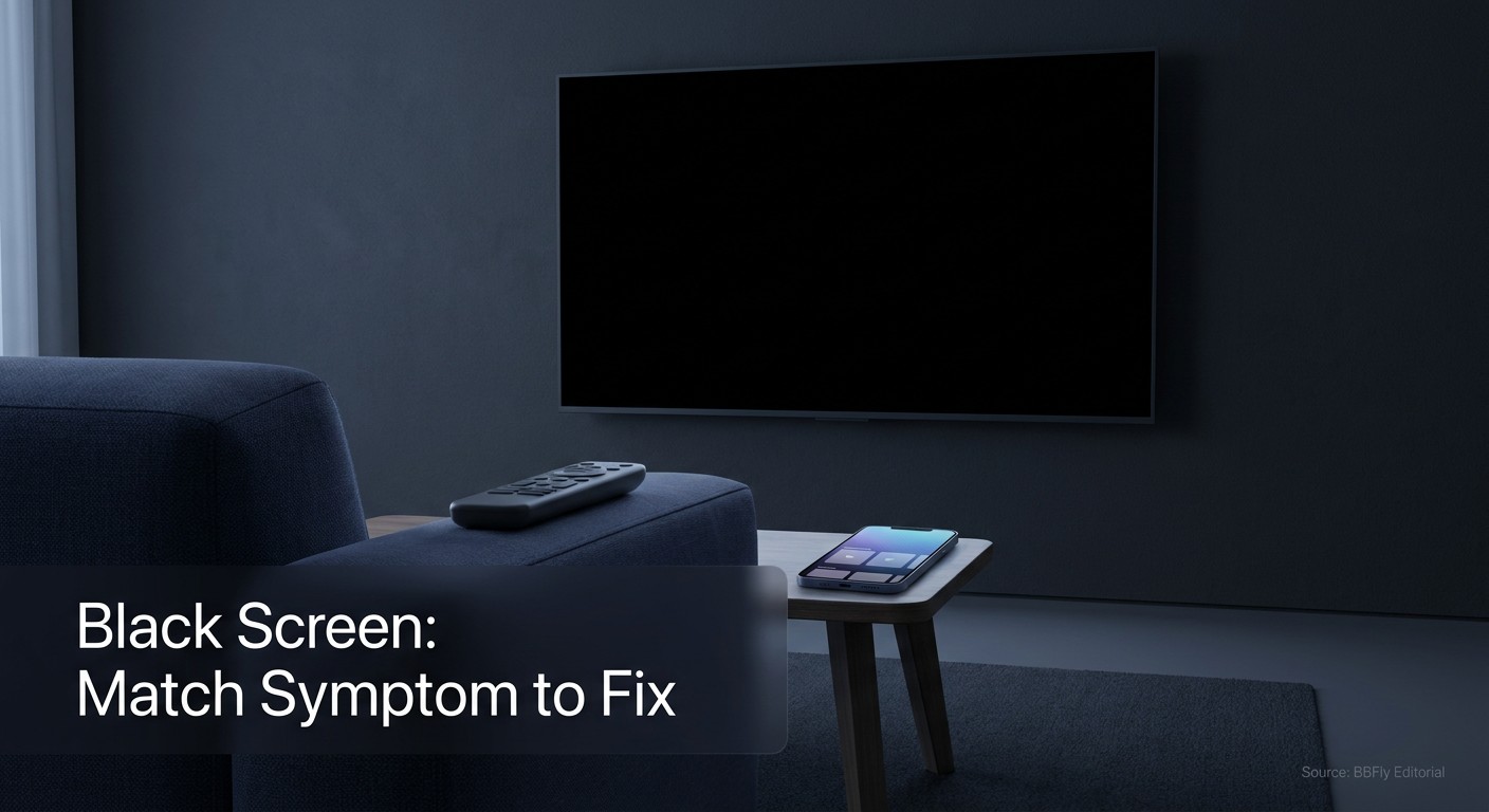 A television in a dimly lit living room showing a completely black screen while a remote control res