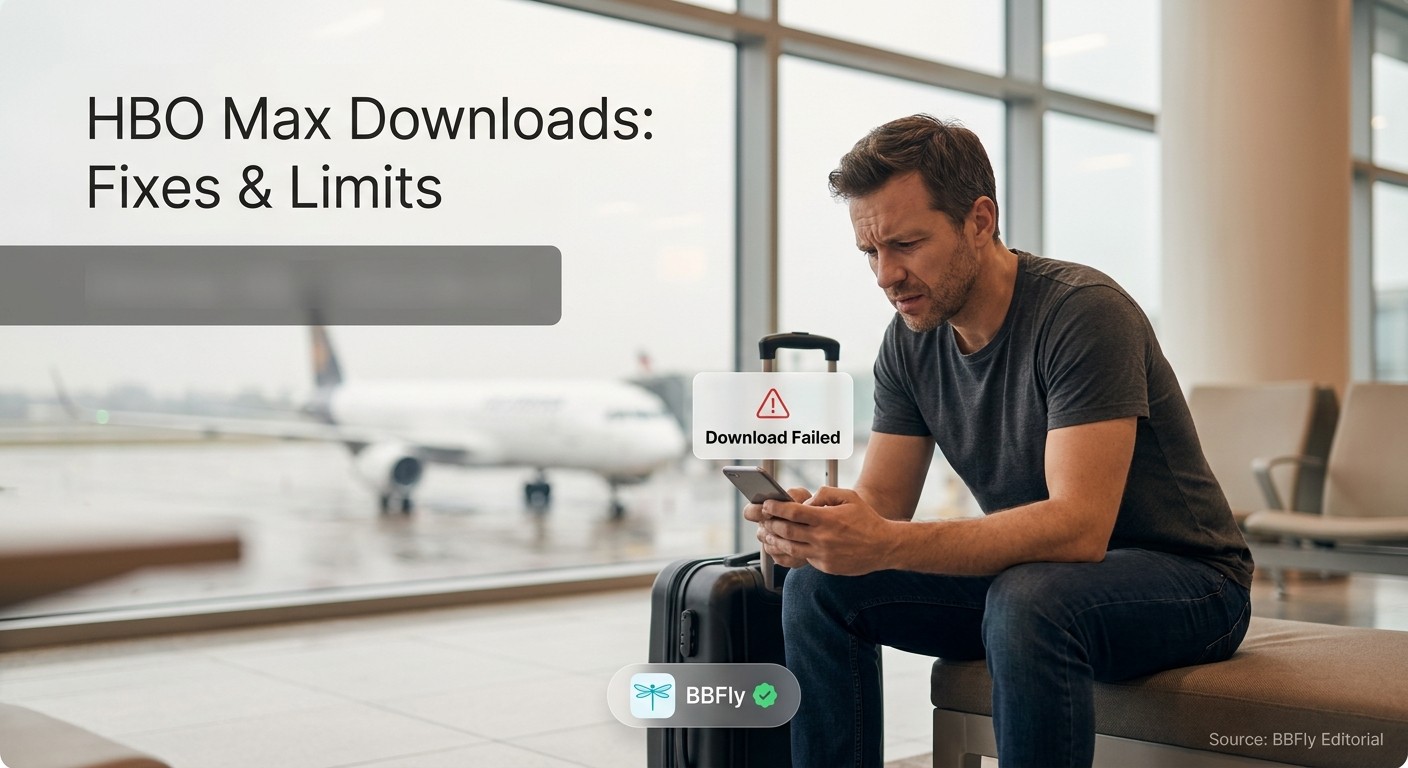 Frustrated male traveler at an airport gate staring at a paused download error on a smartphone.
