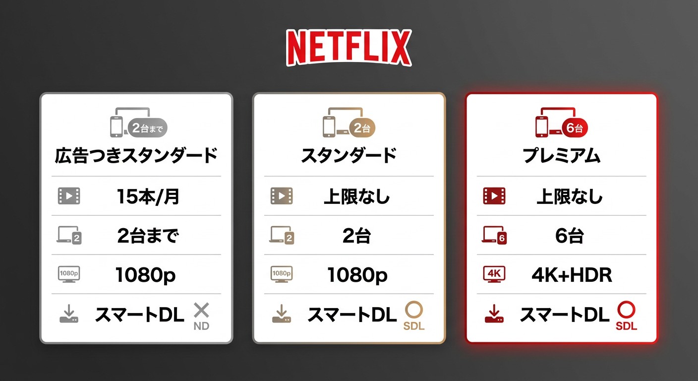 Netflixプラン別ダウンロード比較：広告つきスタンダード・スタンダード・プレミアムの上限・画質・デバイス数