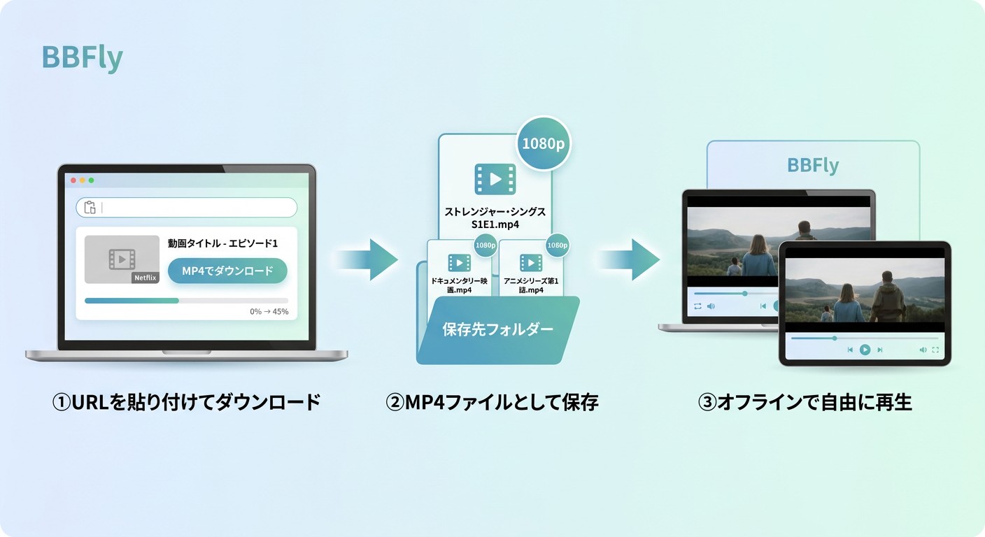 BBFly Netflix 下载器使用流程:只需三步即可将 Netflix 内容保存为 1080p MP4 格式,并在 VLC 播放器中作为标题文件播放。