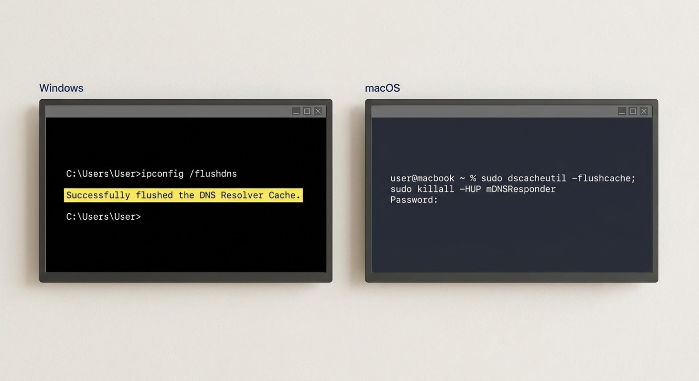 Invite de commandes Windows exécutant ipconfig /flushdns et Terminal macOS exécutant dscacheutil flushcache