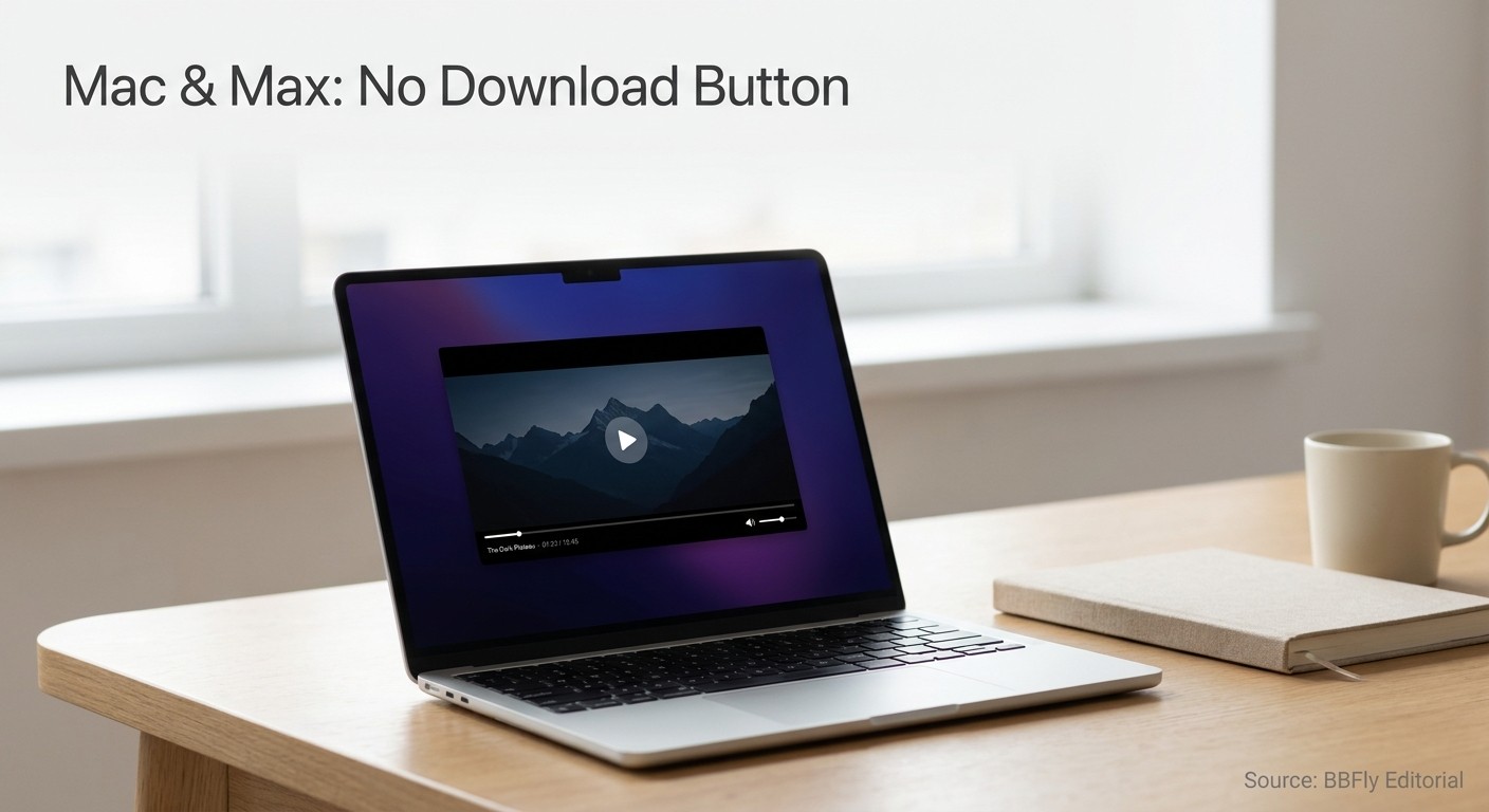 A MacBook on a clean desk with a generic streaming video player open on screen and no download butto