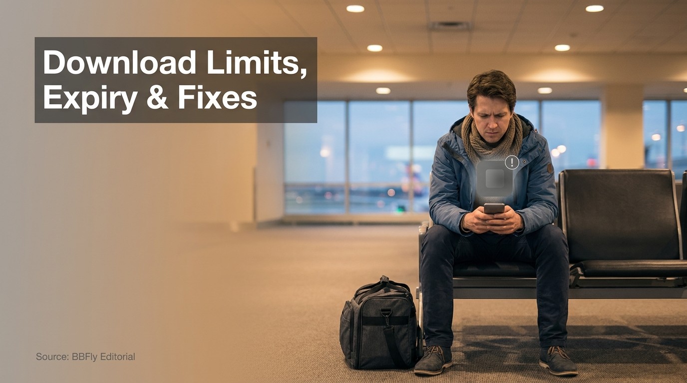 Traveler at an airport gate holding a phone showing an unavailable content message, carry-on bag bes