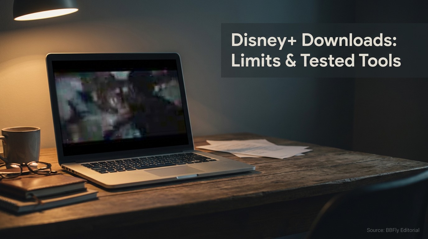 Editorial: a laptop on a dim desk displaying a blurry dark video frame, illustrating the Disney+ PC