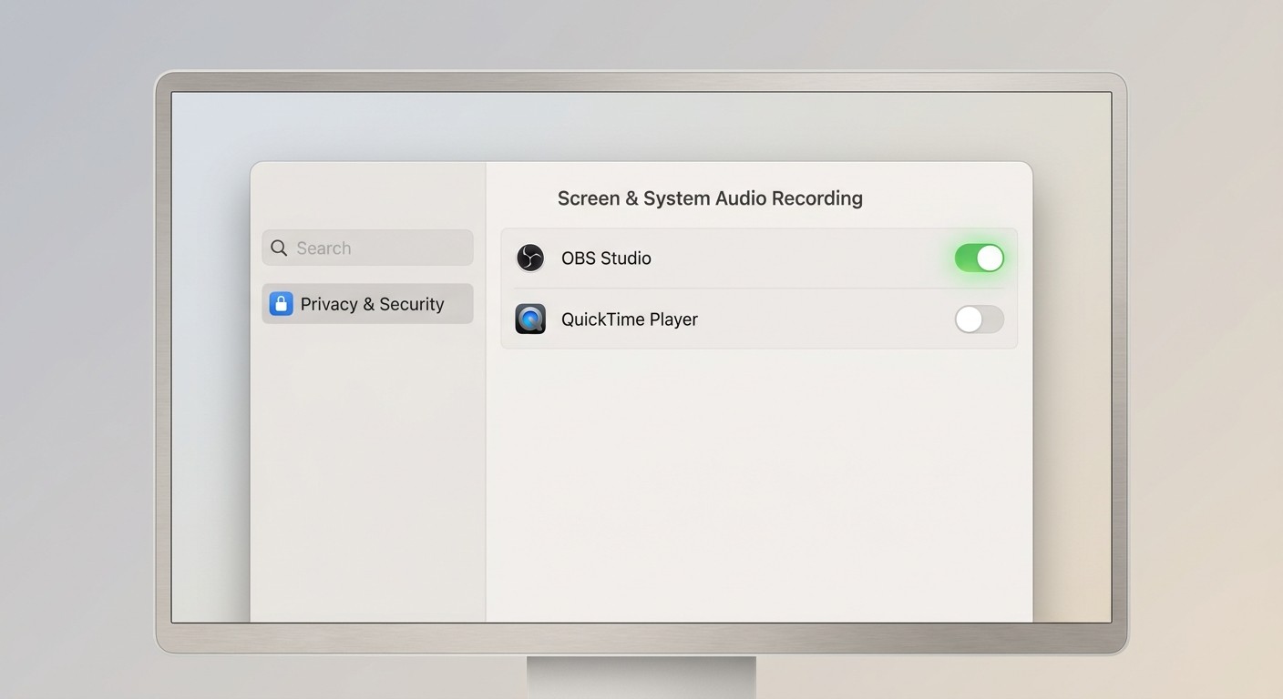 macOS System Settings Privacy & Security panel showing Screen & System Audio Recording toggle enable