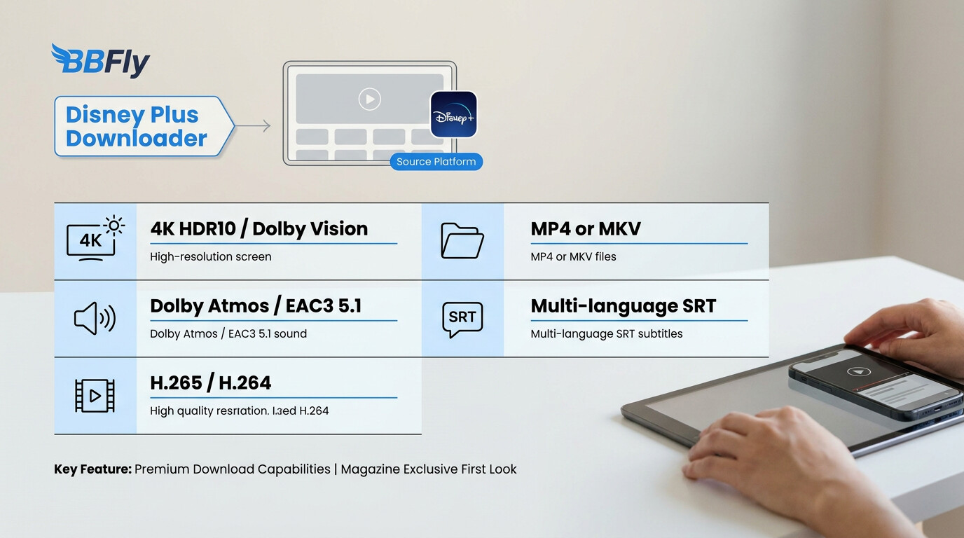 BBFly Disney+ download specs: up to 4K HDR, Dolby Atmos, H.265, MP4/MKV, multi-language subtitles