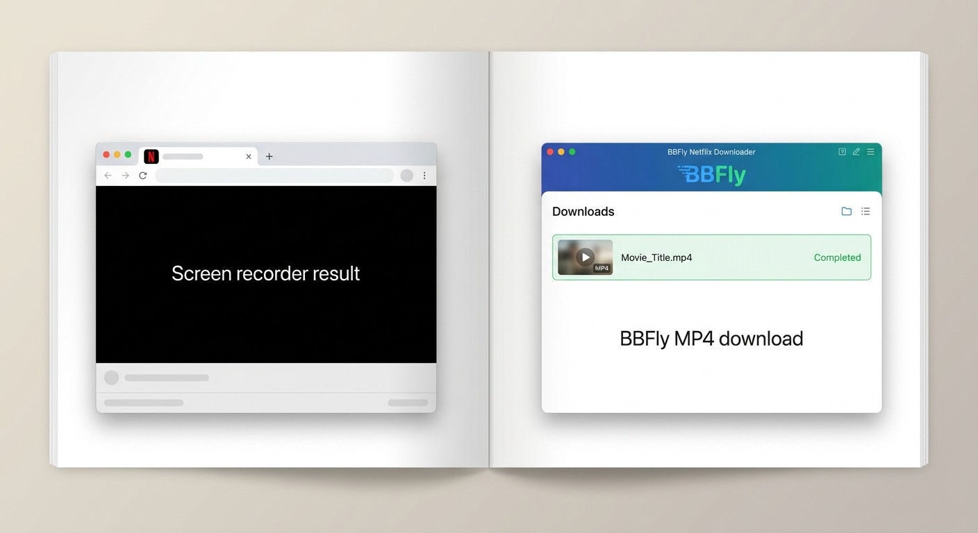 Screen recording of Netflix producing a black rectangle vs. BBFly Netflix Downloader outputting a pl