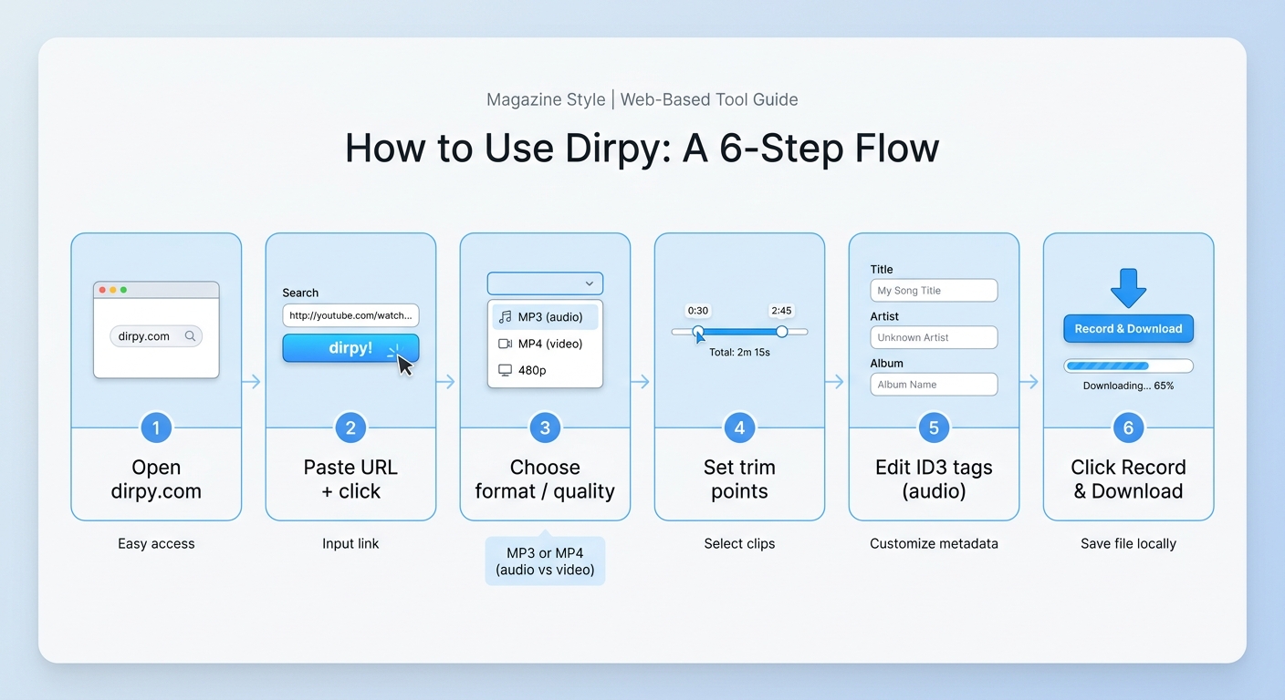 How to use Dirpy in 7 steps: open site, copy YouTube URL, paste, pick format, trim, tag, download