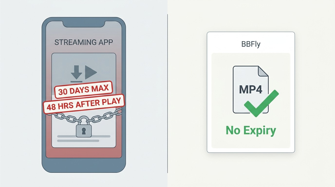 Disney+ download expiry (30-day lock, 48-hour post-play) vs permanent MP4 file saved with BBFly