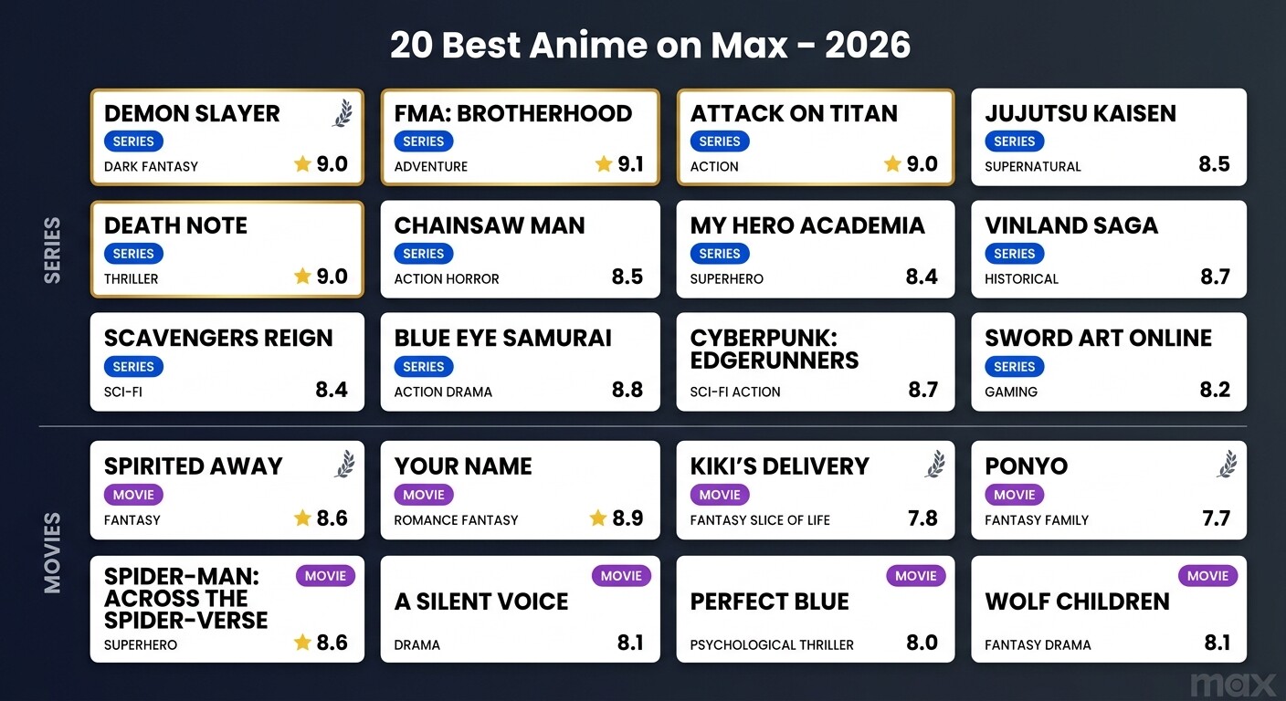 Quick-reference grid of 20 best anime on Max in 2026, split into series and movies with IMDb scores 