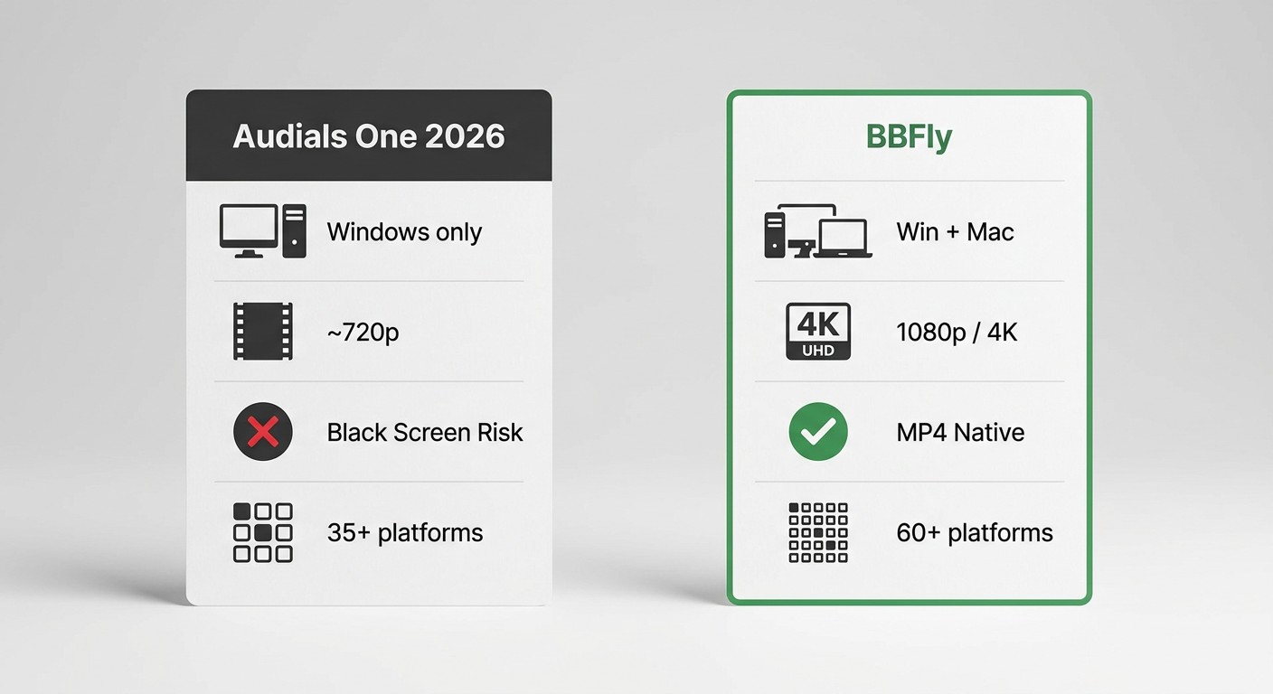 Audials One 2026 vs BBFly Downloader comparison: OS support, max resolution, DRM handling, and platf