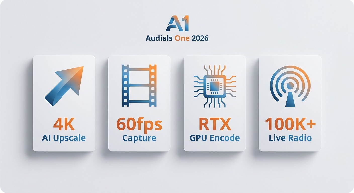 Audials One 2026 new features: AI upscaling to 4K, 60fps capture, GPU encoding, and 100,000+ radio s