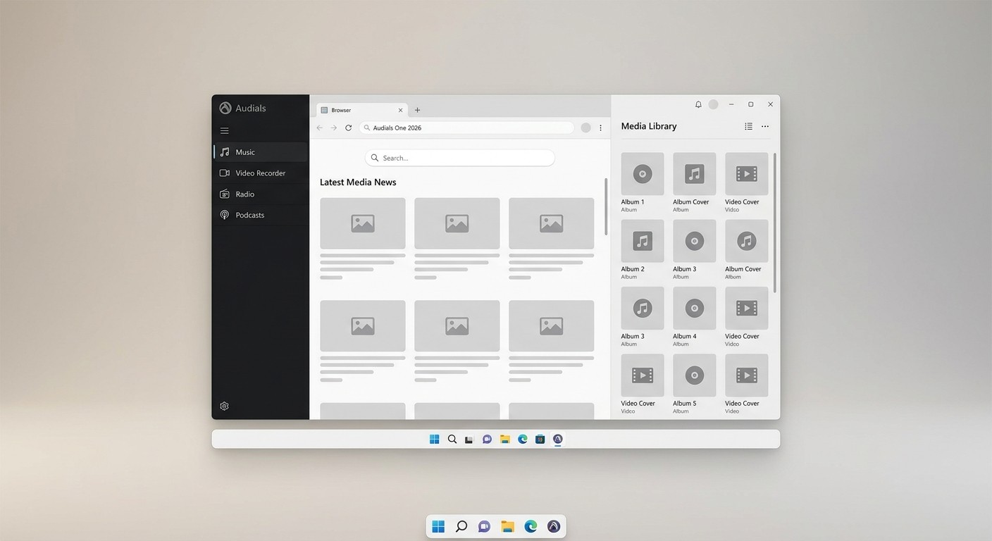 Audials One 2026 main interface showing sidebar modules, built-in browser, and media library