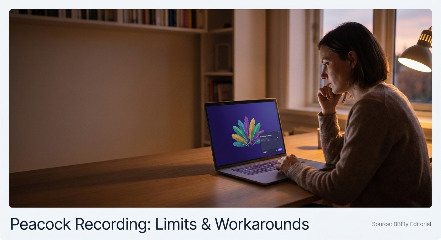 Person at a laptop in a calm evening home office, looking at a paused generic video player with no b