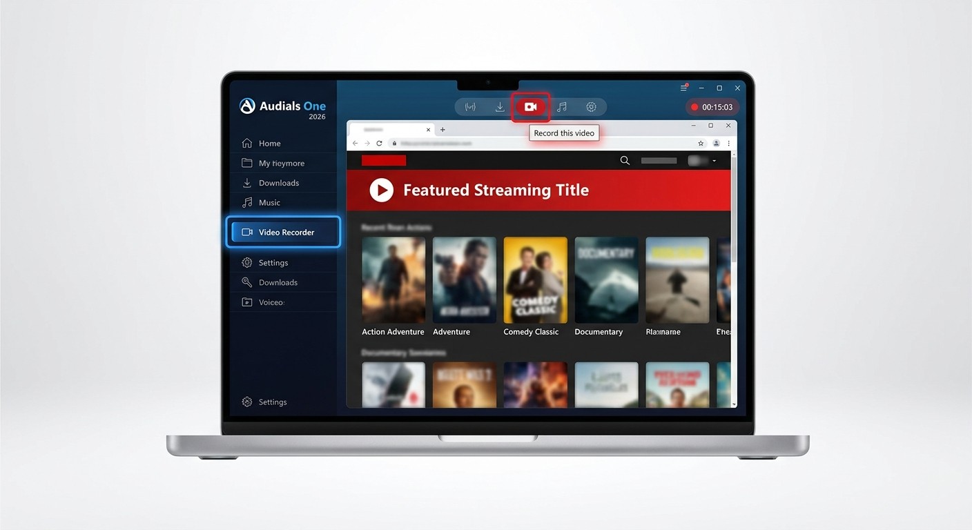 Audials One 2026 Video Recorder module with built-in browser open and 'Record this video' button hig