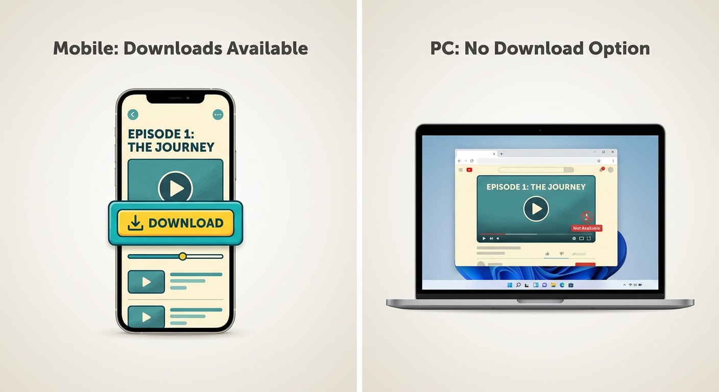 Peacock app on iPhone showing Download button vs Peacock on Windows PC with no download option avail