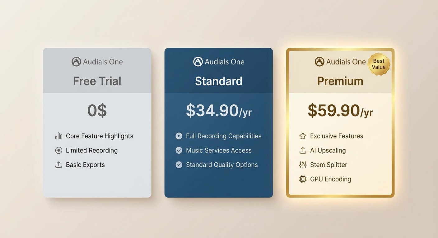 Audials One 2026 pricing tiers: Free Trial, Standard $34.90/yr, Premium $59.90/yr with AI features