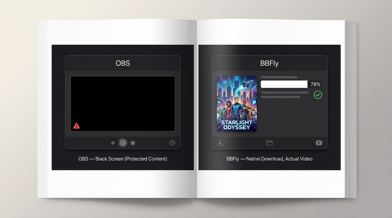 OBS recording Peacock produces black screen due to Widevine DRM; BBFly native download shows actual 