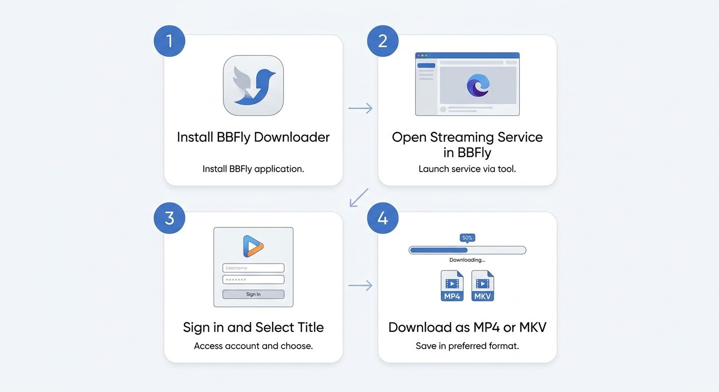 BBFly 4-step process: install app, open HBO Max inside BBFly, sign in and pick title, download as MP