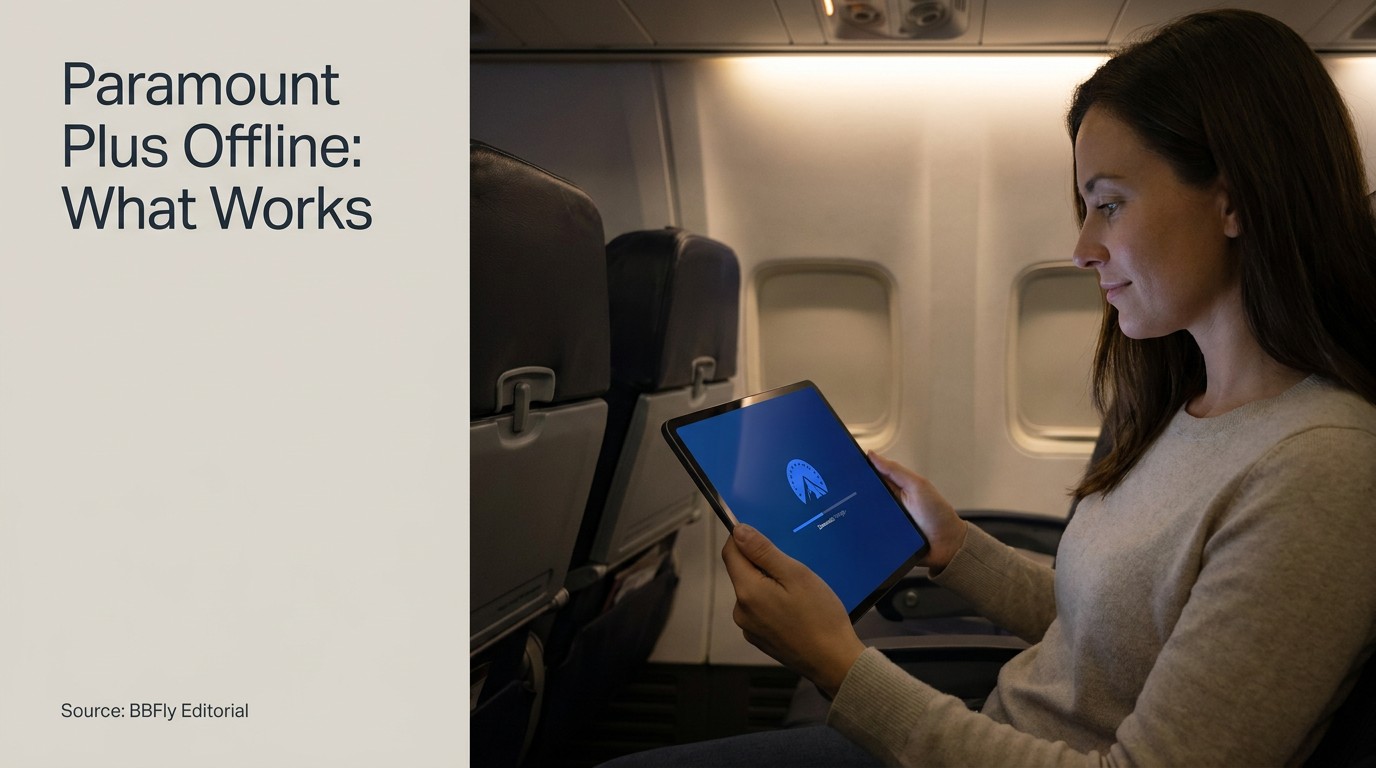 Traveler on a plane using a tablet with a streaming download interface in an overhead-light ambience