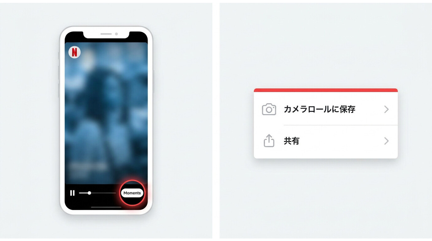 iPhoneのNetflix再生画面下部に表示されるMomentsボタンと、タップ後の保存・共有メニュー