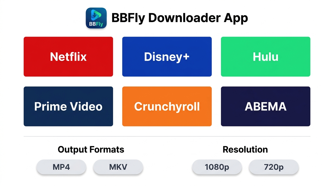 BBFly supports Netflix, Disney+, Hulu, Prime Video, Crunchyroll, ABEMA — outputs MP4/MKV up to 1080p
