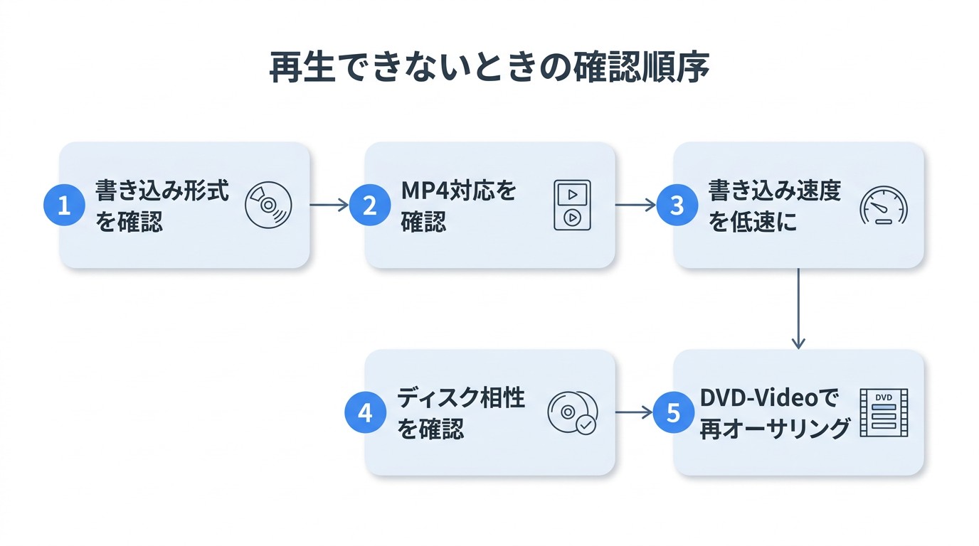 DVD 无法在 DVD 播放机上播放时的 5 个诊断步骤：① 检查刻录格式 → ② 检查播放机的 MP4 兼容性 → ③ 降低刻录速度 → ④ 检查光盘兼容性 → ⑤ 使用带菜单的 DVD 视频播放