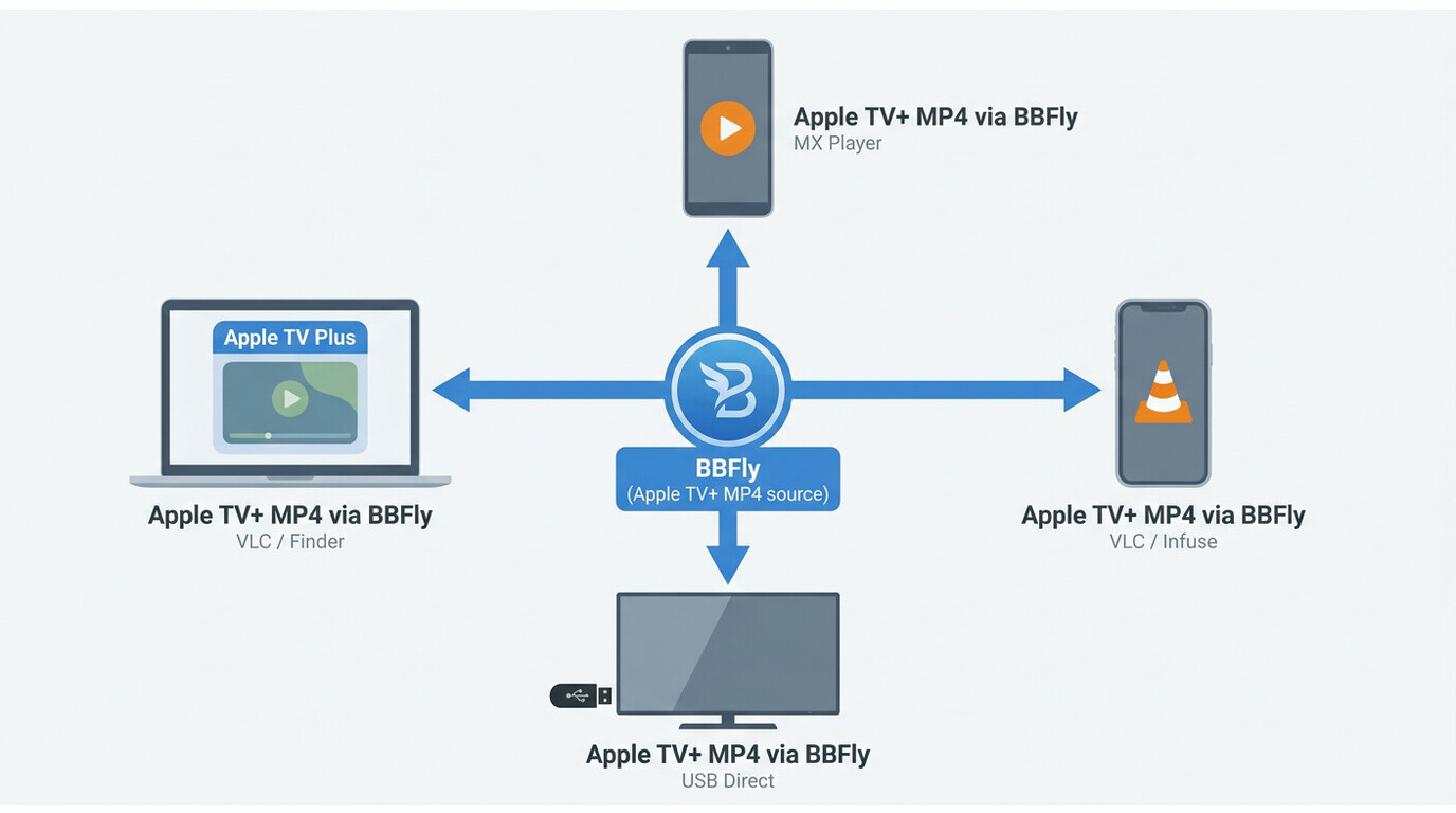 Apple TV Plus MP4 files from BBFly playing on MacBook via VLC, iPhone via Infuse, Android via MX Pla