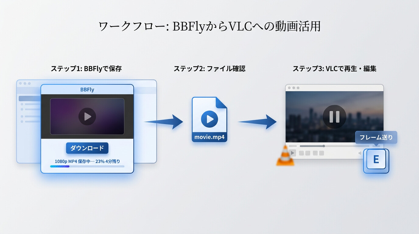 BBFly Netflix Downloaderで1080p MP4を保存し、VLCのEキーでフレームを抽出する3ステップの流れ