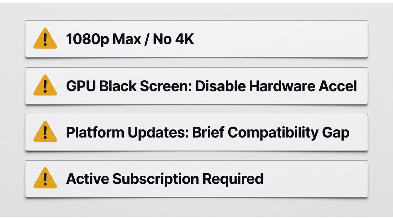 BBFly limitations: 1080p cap, GPU black screen workaround, post-update gaps, subscription required