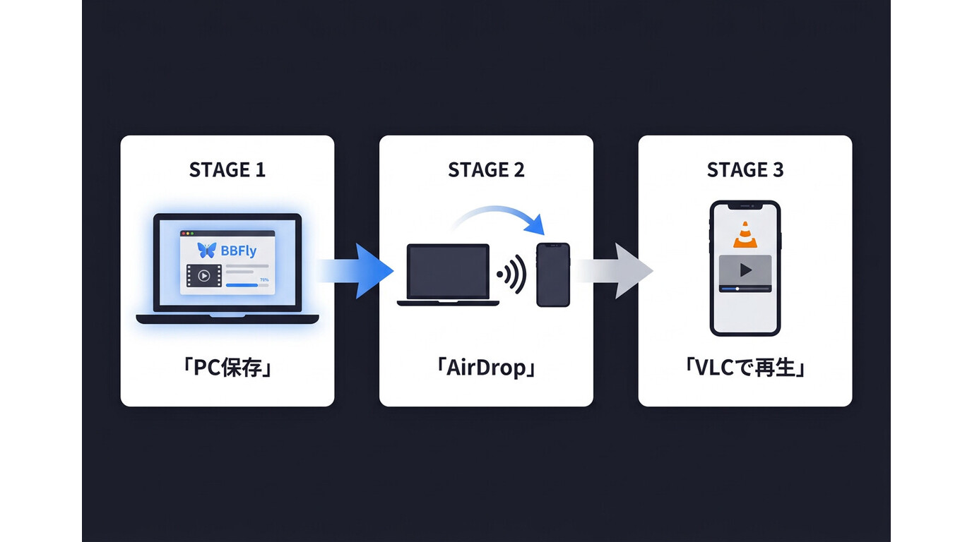 BBFlyでNetflixをPC保存しAirDropでiPhoneに転送、VLCでオフライン再生する3ステップのワークフロー