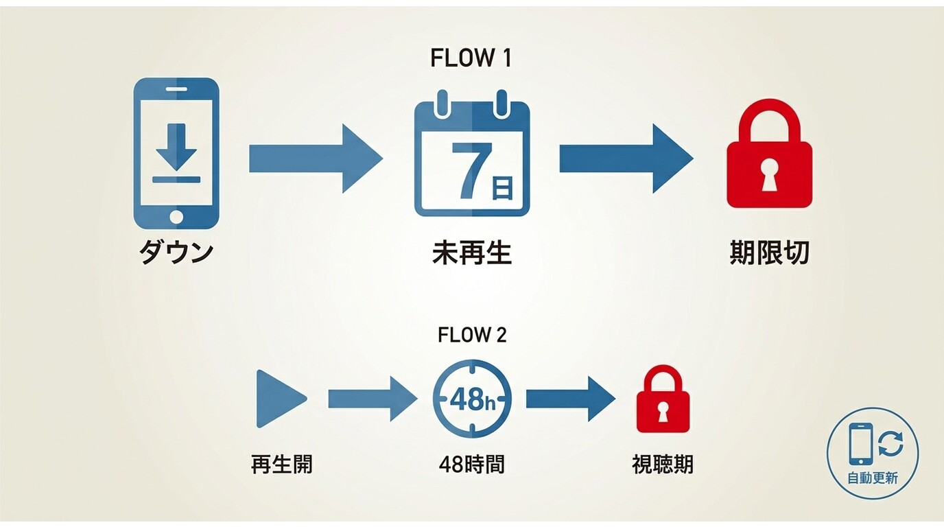 Netflixダウンロードの有効期限：未再生7日間・再生開始後48時間の二段階期限とスマートダウンロードの自動サイクル図