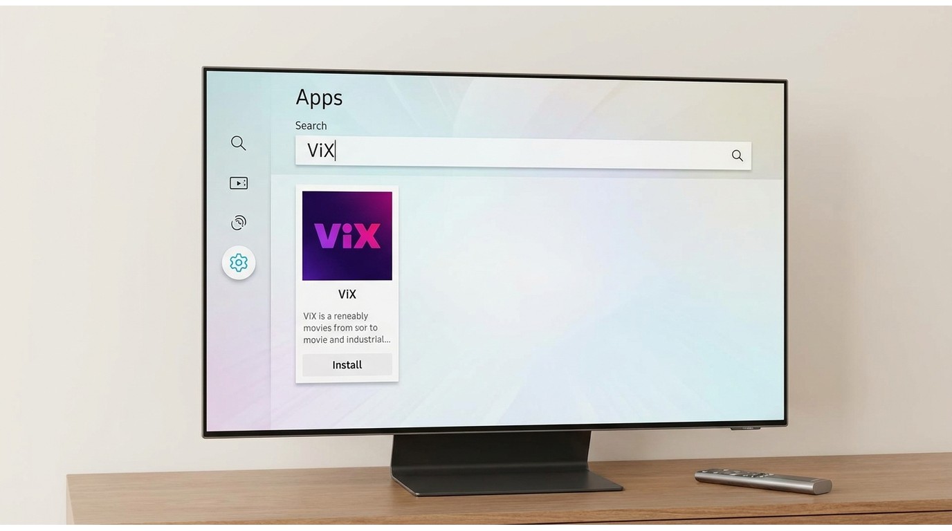 Samsung TV App Store search results for ViX showing the ViX app tile with Install button