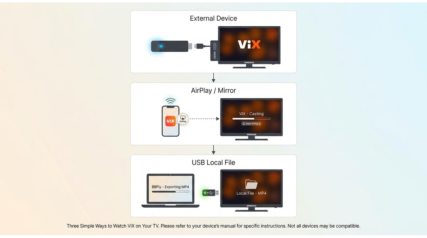 Three ways to watch ViX on Samsung TV: Fire Stick or Roku, AirPlay from iPhone, or BBFly MP4 via USB