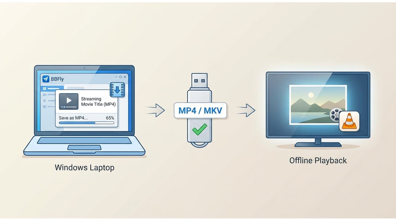 BBFly Amazon Downloader workflow: save Prime Video rental as MP4 on PC, transfer via USB, play on Sm