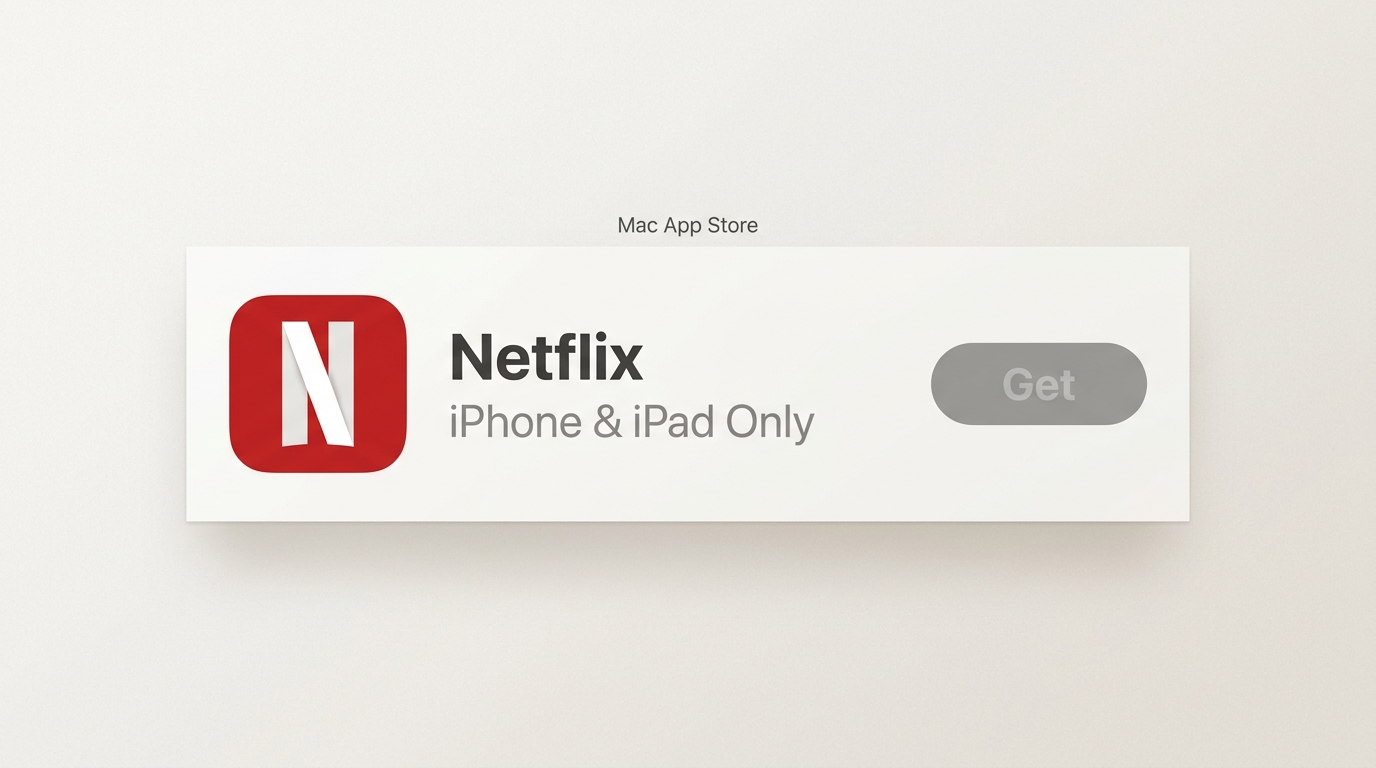 Mac App Store search for Netflix showing iOS-only listing with 'iPhone & iPad App' label and unavail