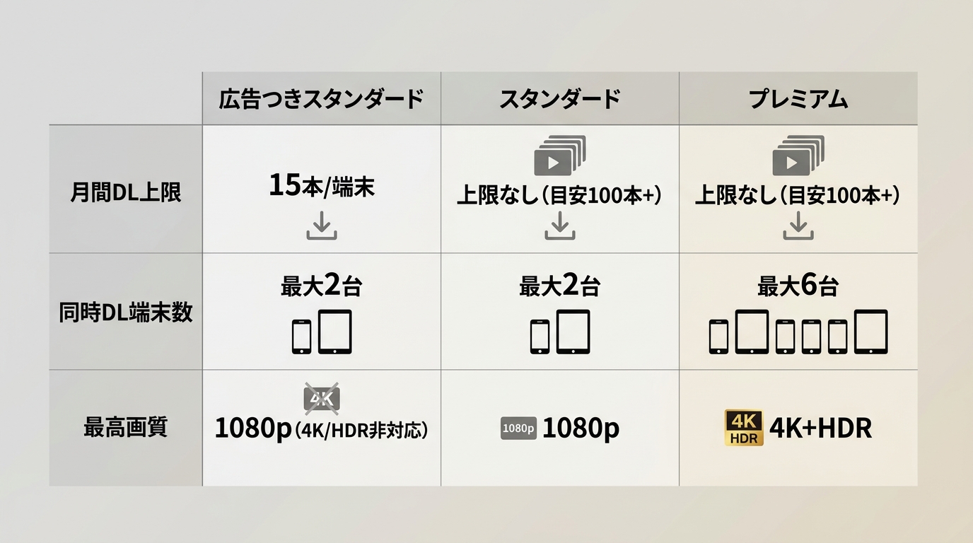 広告つきスタンダード・スタンダード・プレミアムの3プランを、月間ダウンロード上限・同時ダウンロード端末数・最高画質で比較した表形式のマトリクス。