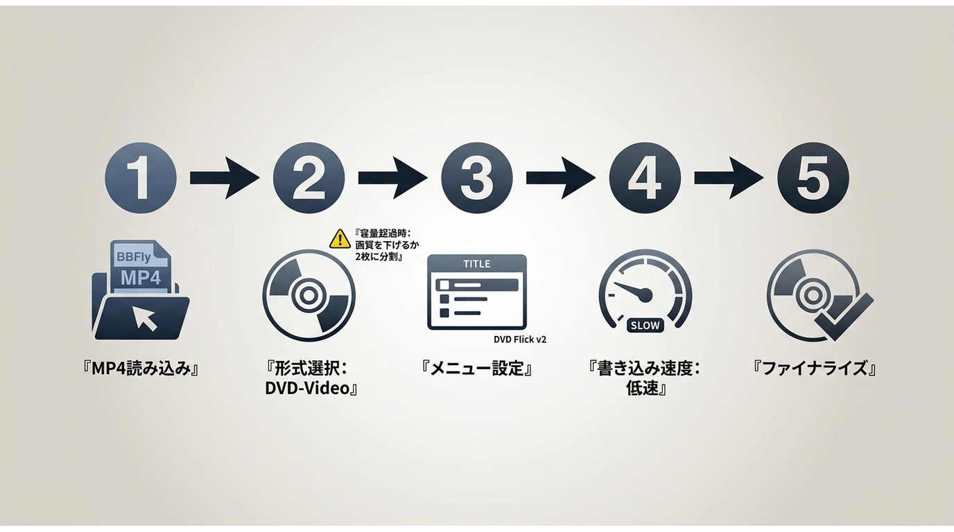 MP4からDVD-Videoを作る5ステップ：MP4読み込み→形式選択→メニュー設定→書き込み速度調整→ファイナライズ