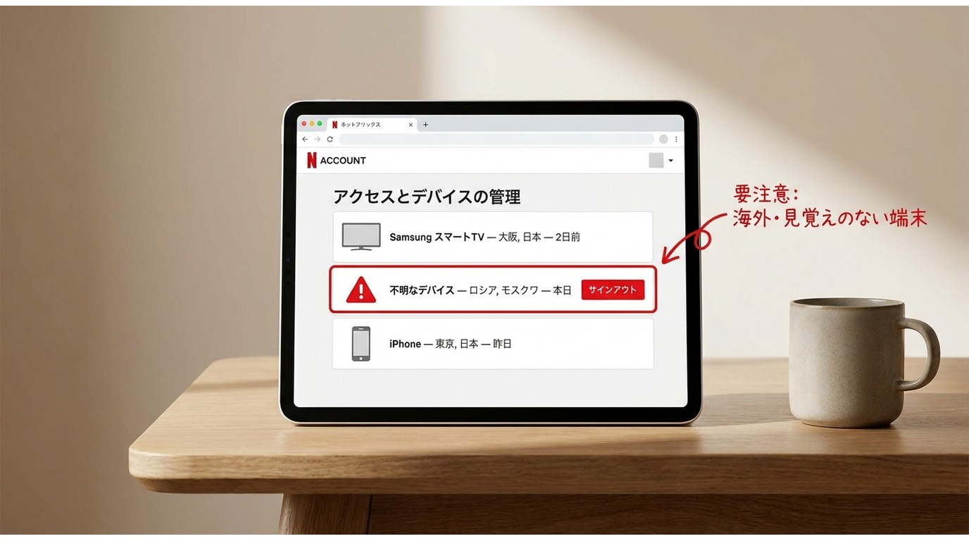 Netflix「アクセスとデバイスの管理」画面で海外・不審なデバイスを確認しサインアウトする手順のモックアップ
