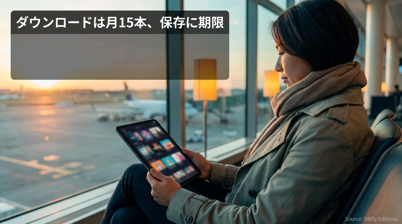 移動中にタブレットでダウンロード済み動画を確認する人物と、残りダウンロード枠や期限を示す落ち着いた編集調のヒーロー画像。