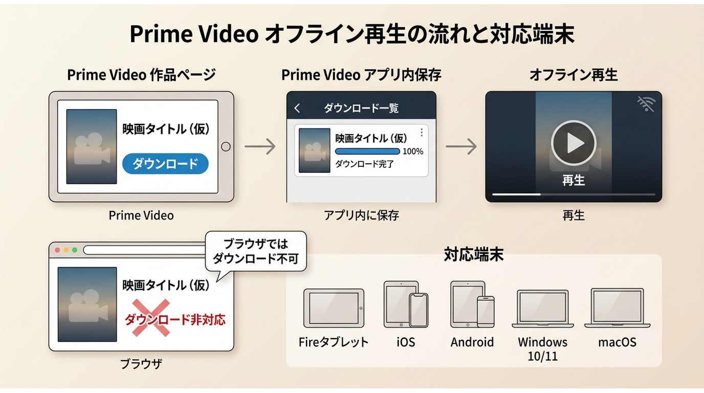 Amazon Prime Videoの作品がアプリ内に保存され、対応端末でオフライン再生される仕組み
